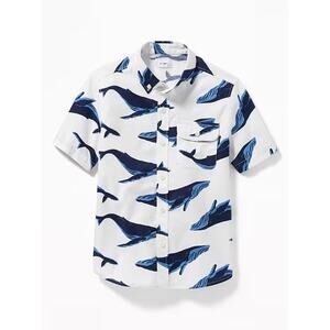 Boys Old Navy Classic Built-In Flex Oxford Shirt Whales L 10 12 Blue Nautical
